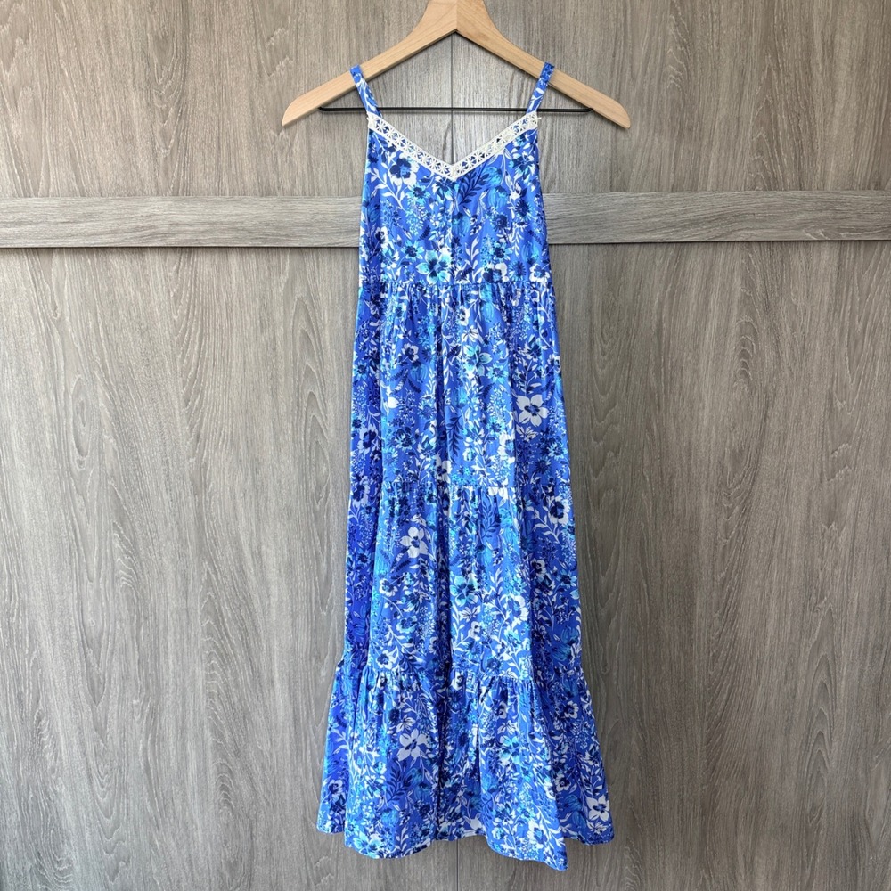 Rachel Zoe Floral Maxi Dress Girls 10 Blue Boho Tiered Lace Trim Summer Cottage